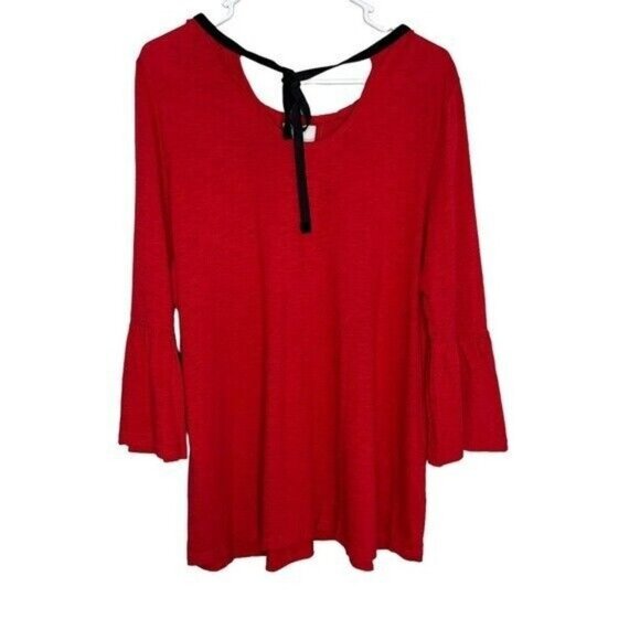 New Directions Curvy Size 12 Red Black Embroidered Top W/Bell Sleeve - Picture 2 of 10